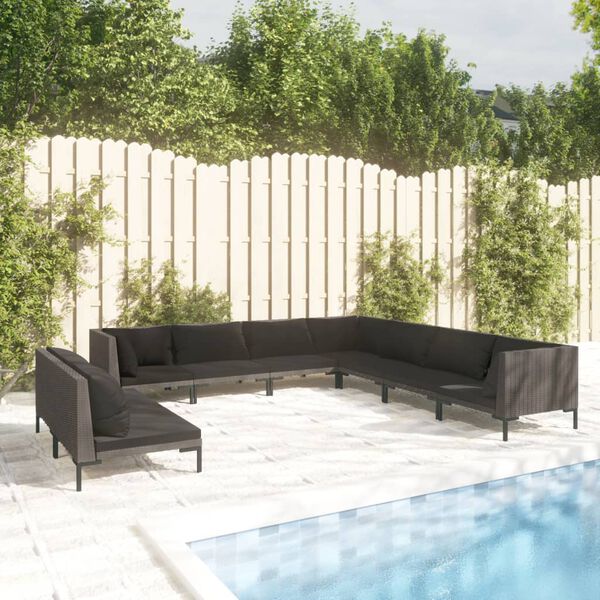 vidaXL Salon de jardin 9 pcs avec coussins R&eacute;sine tress&eacute;e Gris fonc&eacute;