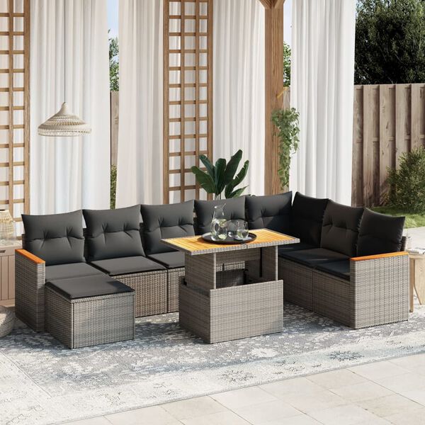 vidaXL Salon de jardin 9 pcs avec coussins gris r&eacute;sine tress&eacute;e