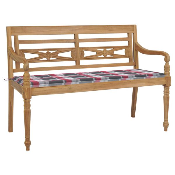 vidaXL Banc Batavia avec coussin &agrave; carreaux rouge 150 cm Bois de teck