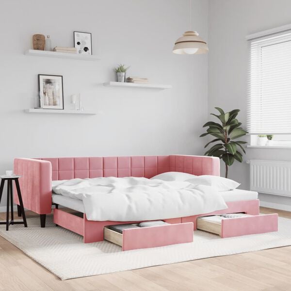 vidaXL Lit de jour avec gigogne et tiroirs sans matelas rose 90x200 cm