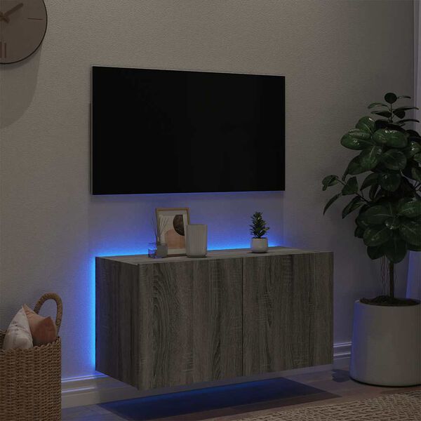 vidaXL Meuble TV mural avec lumi&egrave;res LED sonoma gris 80x35x41 cm