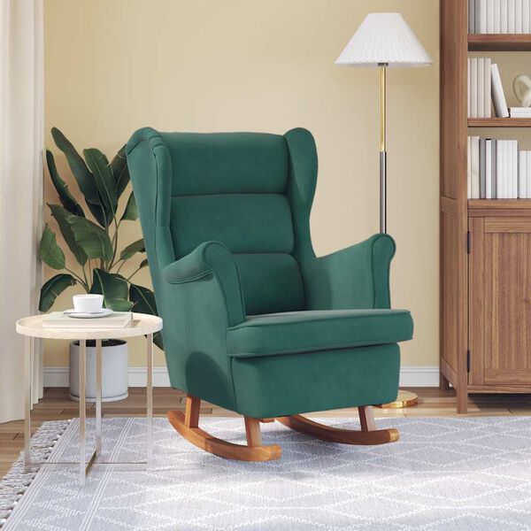 vidaXL Fauteuil à bascule à oreilles en velours vert foncé bois massif