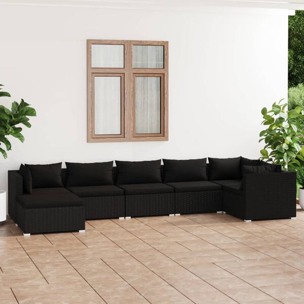vidaXL Salon de jardin 7 pcs avec coussins Résine tressée Noir