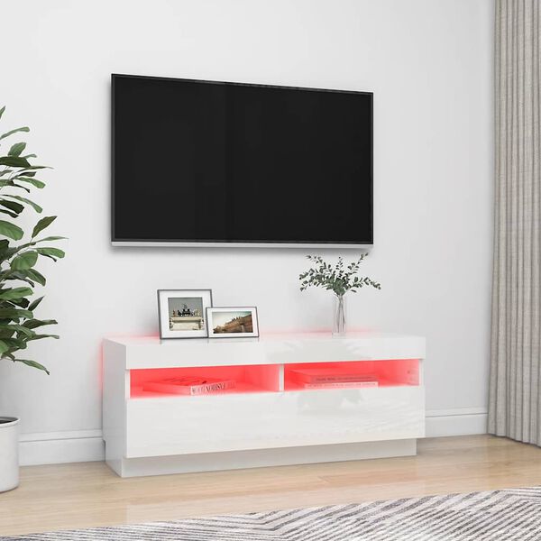 vidaXL Meuble TV avec lumi&egrave;res LED blanc brillant 100x35x40 cm