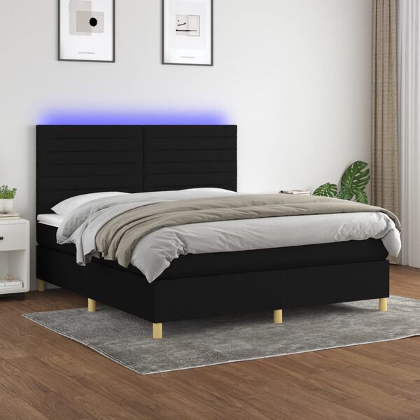 vidaXL Sommier &agrave; lattes de lit et matelas et LED Noir 160x200 cm Tissu