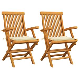 vidaXL Chaises pliantes avec coussins cr&egrave;me, 2 pi&egrave;ces, en teck massif