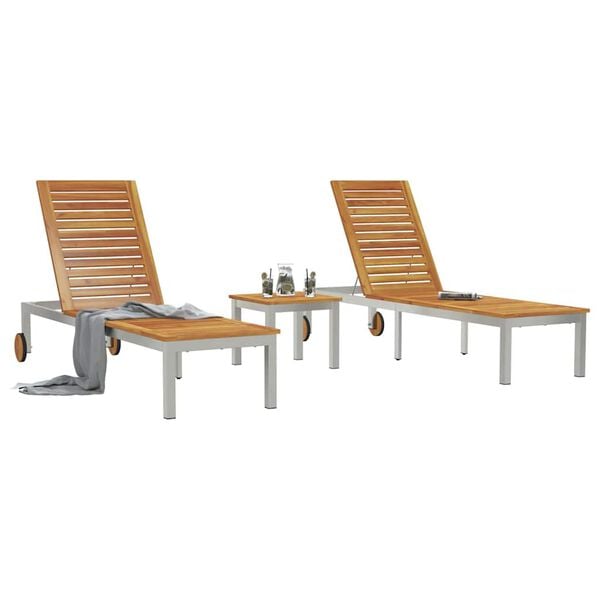 vidaXL Chaises longues 2pcs avec table 3 pcs Marron Acacia massif