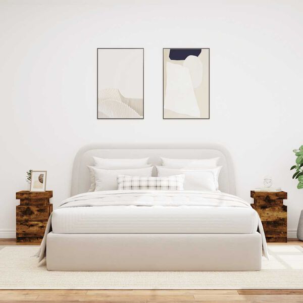 vidaXL Tables de chevet avec lumi&egrave;res LED 2 pcs ch&ecirc;ne fum&eacute; 35x39x55 cm