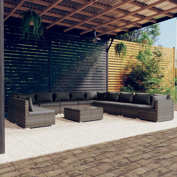 vidaXL Salon de jardin 12 pcs avec coussins Gris R&eacute;sine tress&eacute;e