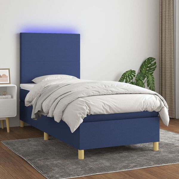 vidaXL Sommier &agrave; lattes de lit avec matelas et LED Bleu 90x190cm Tissu