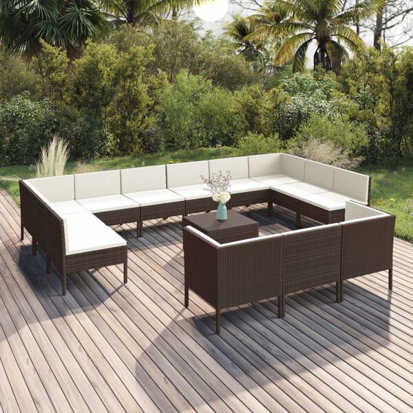 vidaXL Salon de jardin 14 pcs avec coussins R&eacute;sine tress&eacute;e Marron