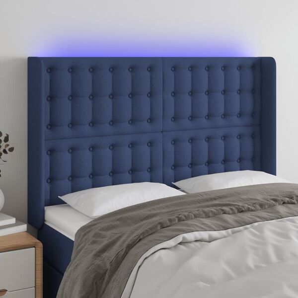 vidaXL T&ecirc;te de lit &agrave; LED Bleu 147x16x118/128 cm Tissu