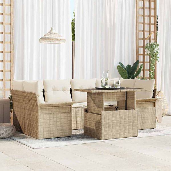 vidaXL Ensemble de canap&eacute; de jardin 7 pcs Beige Poly Rattan