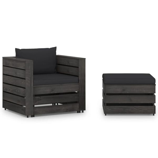 vidaXL Salon de jardin 2 pcs avec coussins Bois impr&eacute;gn&eacute; de gris