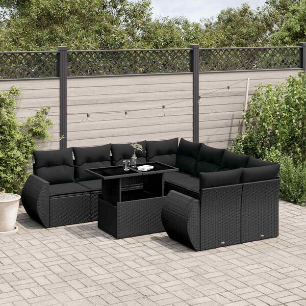 vidaXL Salon de jardin 9 pcs avec coussins noir r&eacute;sine tress&eacute;e