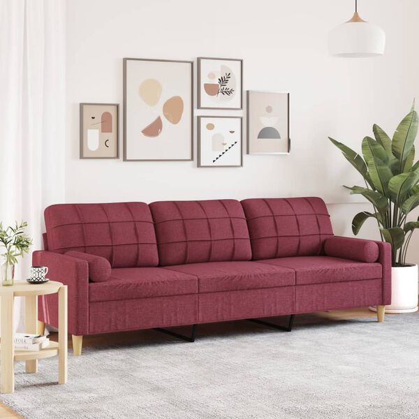 vidaXL Canap&eacute; 3 places avec oreillers d&eacute;coratifs bordeaux 210 cm tissu