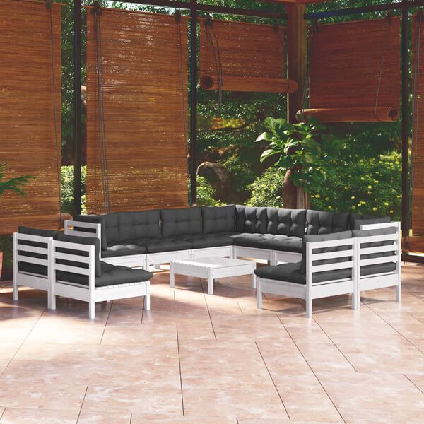vidaXL Salon de jardin 12 pcs avec coussins blanc bois de pin solide