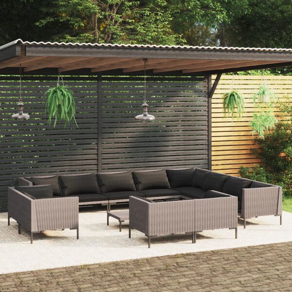 vidaXL Salon de jardin 13 pcs avec coussins R&eacute;sine tress&eacute;e Gris fonc&eacute;