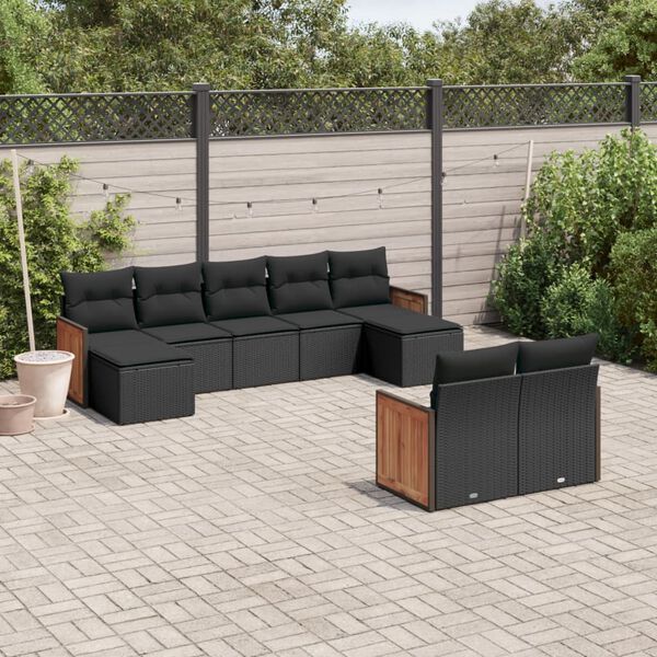 vidaXL Salon de jardin 9 pcs avec coussins noir r&eacute;sine tress&eacute;e