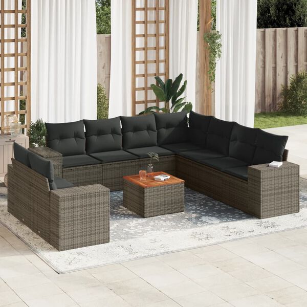 vidaXL Salon de jardin avec coussins 10 pcs gris r&eacute;sine tress&eacute;e