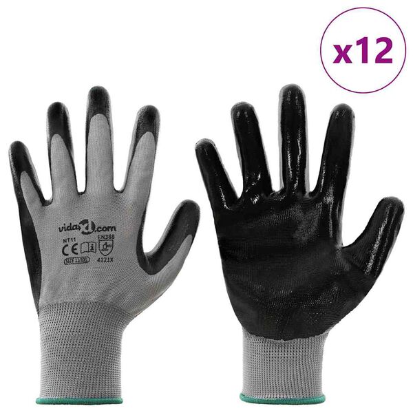 vidaXL Gants de Travail 12 pcs Gris et Noir 11 / XXL Polyester