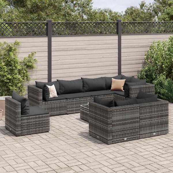 vidaXL Salon de jardin 8 pcs avec coussins Gris Résine tressée