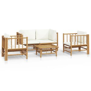 vidaXL Salon de jardin 5 pcs avec coussins blanc cr&egrave;me bambou