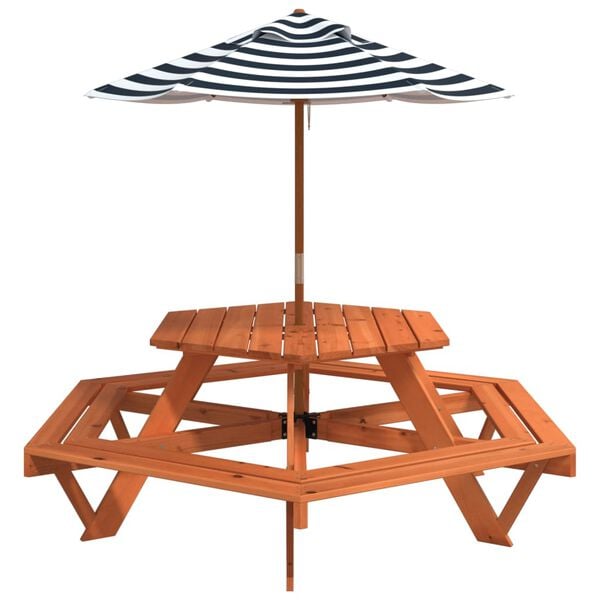 vidaXL Table de pique-nique pour 6 enfants avec parasol hexagone sapin