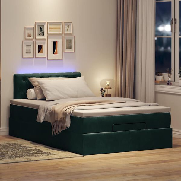vidaXL Lit ottoman avec matelas et LED vert fonc&eacute; 90x200cm velours