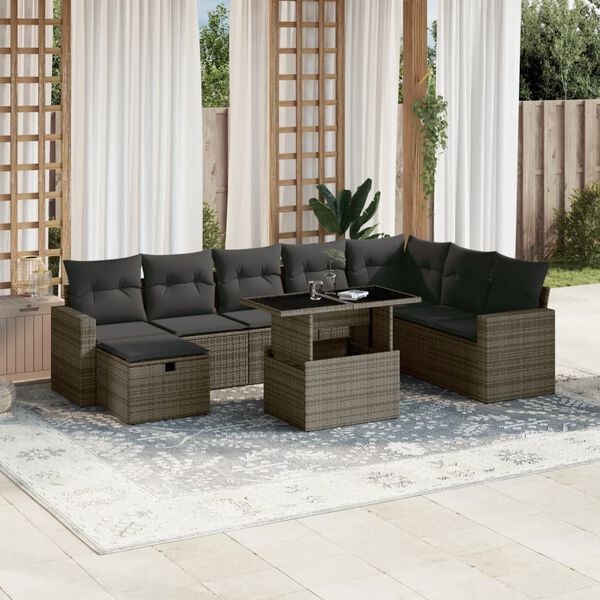 vidaXL Salon de jardin 9 pcs avec coussins gris résine tressée