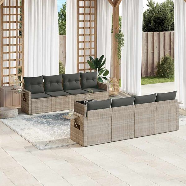 vidaXL Salon de jardin 9 pcs avec coussins gris clair r&eacute;sine tress&eacute;e