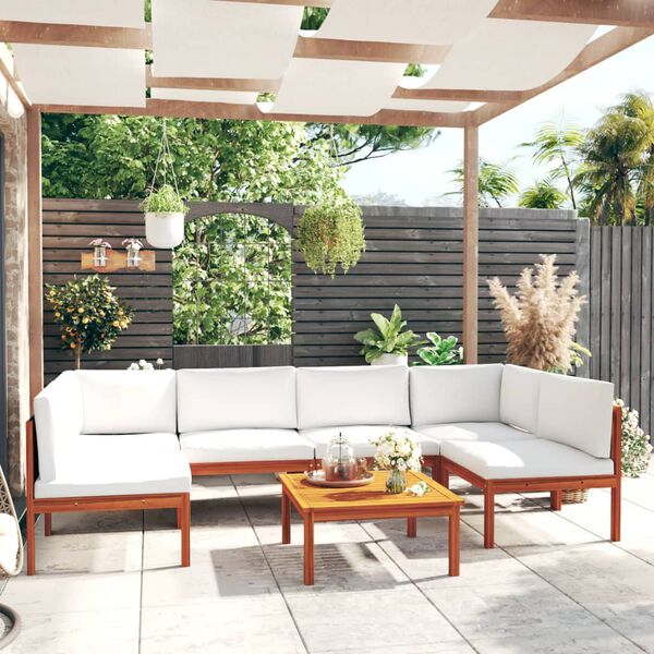 vidaXL Salon de jardin 7 pièces avec coussins, bois d'acacia crème et corde