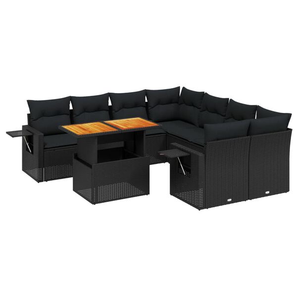 vidaXL Salon de jardin 9 pcs avec coussins noir r&eacute;sine tress&eacute;e