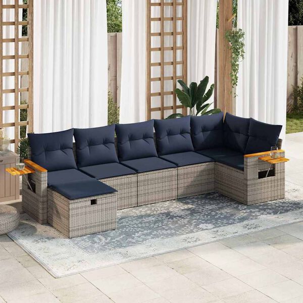vidaXL Salon de jardin avec coussins 7 pcs gris r&eacute;sine tress&eacute;e