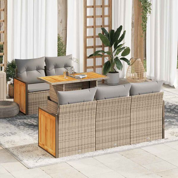 vidaXL Salon de jardin 6 pcs avec coussins beige r&eacute;sine tress&eacute;e acacia