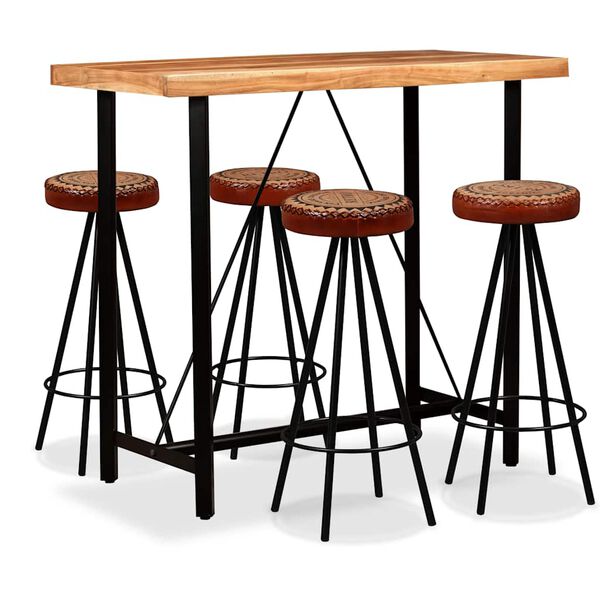 vidaXL Ensemble de bar 5 pcs Bois d'acacia Cuir v&eacute;ritable et toile
