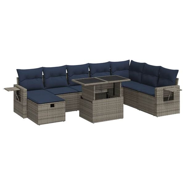 vidaXL Salon de jardin avec coussins 9pcs gris r&eacute;sine tress&eacute;e acacia