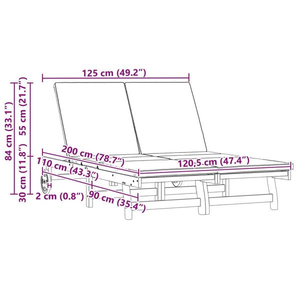 vidaXL Transat 2-personne Marron 125 x 200 x 84cm Bois d'acacia massif