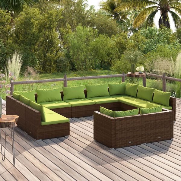 vidaXL Salon de jardin 11 pcs avec coussins marron r&eacute;sine tress&eacute;e