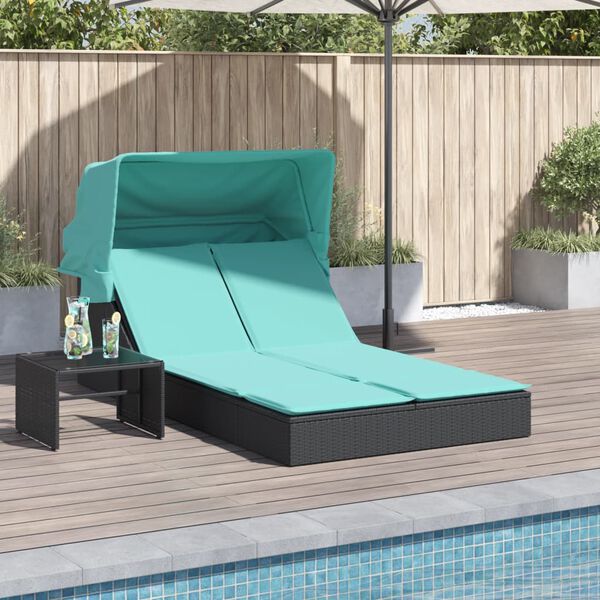 vidaXL Chaise longue double et auvent et coussins noir r&eacute;sine tress&eacute;e