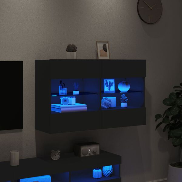 vidaXL Meuble TV mural avec lumi&egrave;res LED noir 98,5x30x60,5 cm