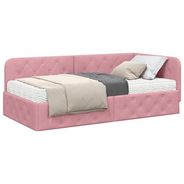 vidaXL Cadre de lit d'angle avec matelas Rose 90 x 190 cm Velours