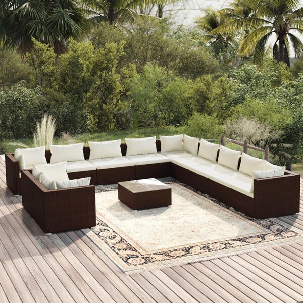 vidaXL Salon de jardin 12 pcs avec coussins Marron R&eacute;sine tress&eacute;e