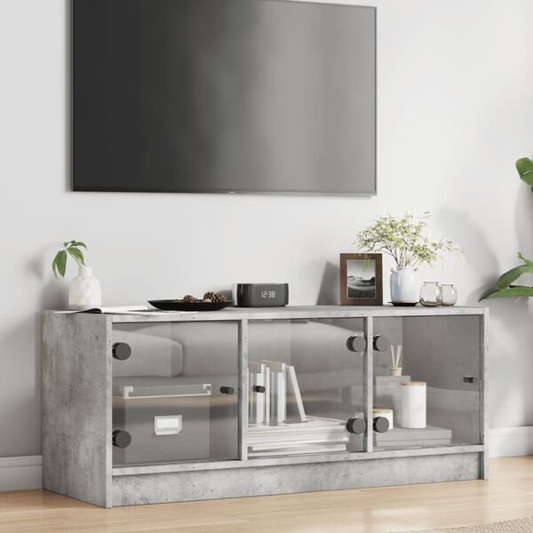 vidaXL Meuble TV avec portes en verre gris béton 102x37x42 cm