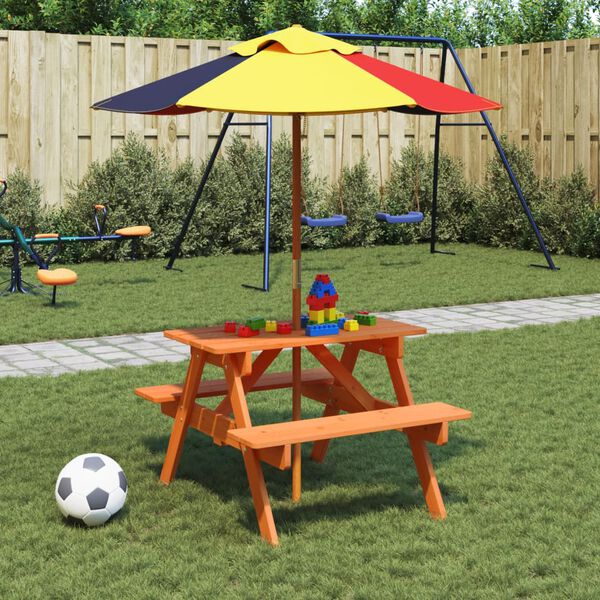 vidaXL Table de pique-nique pour 4 enfants avec parasol bois de sapin
