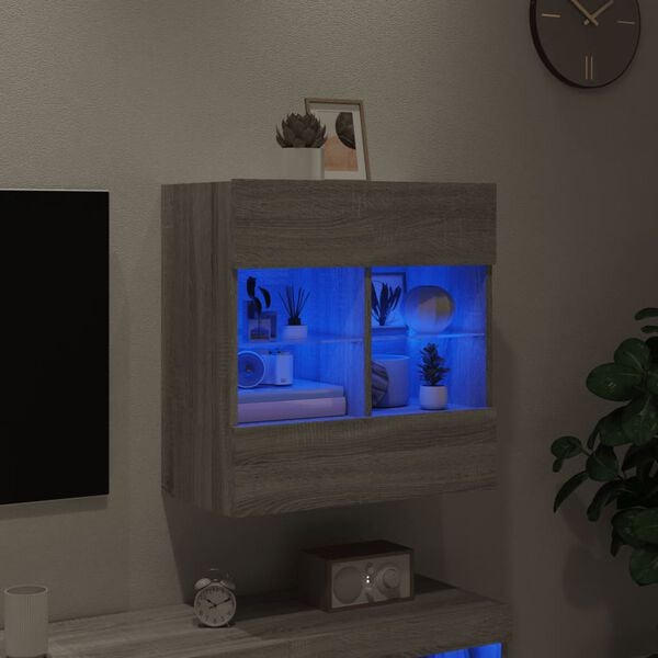 vidaXL Meuble TV mural avec lumi&egrave;res LED sonoma gris 58,5x30x60,5 cm