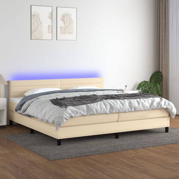 vidaXL Sommier &agrave; lattes de lit et matelas et LED Cr&egrave;me 200x200cm Tissu