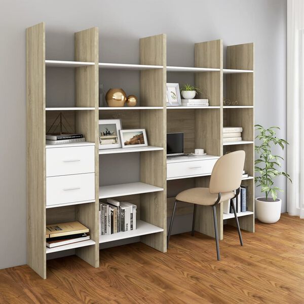 vidaXL Ensemble de biblioth&egrave;que 4 pcs Blanc et ch&ecirc;ne sonoma