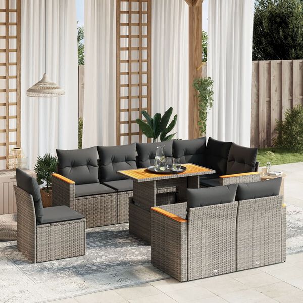 vidaXL Salon de jardin 9 pcs avec coussins gris r&eacute;sine tress&eacute;e