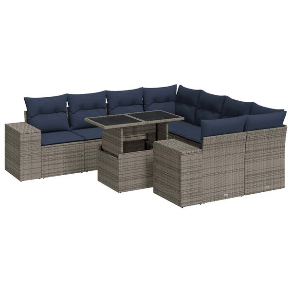 vidaXL Salon de jardin avec coussins 9 pcs gris r&eacute;sine tress&eacute;e acacia